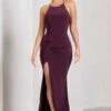 Stellar | Plum Halter-Neck Twisted Split Maxi Dress -Sangyong Store WB HR CL129696069 StellarPlumHalter NeckTwistedSplitMaxiDress0