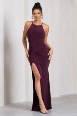 Stellar | Plum Halter-Neck Twisted Split Maxi Dress -Sangyong Store WB HR CL129696069 StellarPlumHalter NeckTwistedSplitMaxiDress2