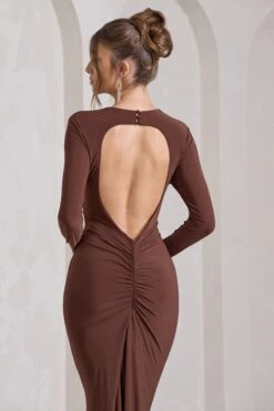Starring | Chocolate Brown Long-Sleeve Backless Fishtail Maxi Dress -Sangyong Store WB HR CL129776106 StarringChocolateBrownLong SleeveBacklessFishtailMaxiDress14