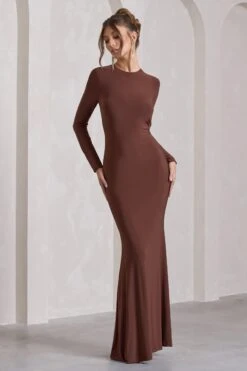 Starring | Chocolate Brown Long-Sleeve Backless Fishtail Maxi Dress -Sangyong Store WB HR CL129776106 StarringChocolateBrownLong SleeveBacklessFishtailMaxiDress2