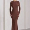 Starring | Chocolate Brown Long-Sleeve Backless Fishtail Maxi Dress 1 Starring | Chocolate Brown Long-Sleeve Backless Fishtail Maxi Dress -Sangyong Store WB HR CL129776106 StarringChocolateBrownLong SleeveBacklessFishtailMaxiDress7