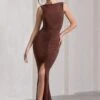 My Presence | Chocolate Brown Low-Back Fishtail Split Maxi Dress -Sangyong Store WB HR CL129780106 MyPresenceChocolateBrownLow BackFishtailSplitMaxiDress2