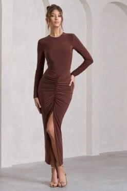 Katy | Chocolate Ruched Long-Sleeve Split Maxi Dress -Sangyong Store WB HR CL129795067 KatyChocolateRuchedLong SleeveSplitMaxiDressCHOCOLATE4