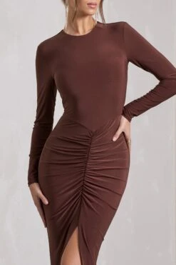 Katy | Chocolate Ruched Long-Sleeve Split Maxi Dress -Sangyong Store WB HR CL129795067 KatyChocolateRuchedLong SleeveSplitMaxiDressCHOCOLATE6