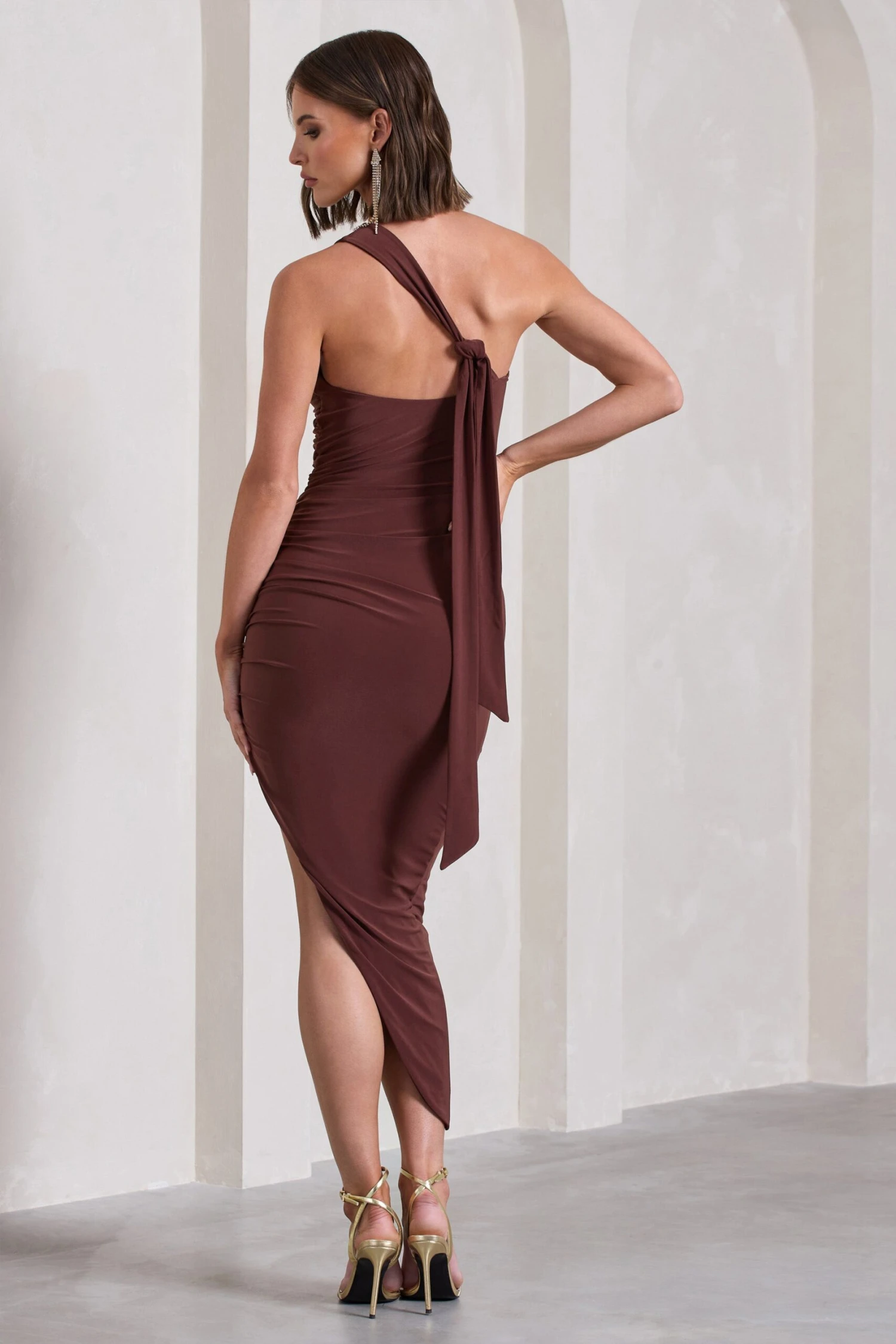 This Way | Chocolate Brown Ruched Asymmetric Open-Back Maxi Dress 4 This Way | Chocolate Brown Ruched Asymmetric Open-Back Maxi Dress - Image 2
