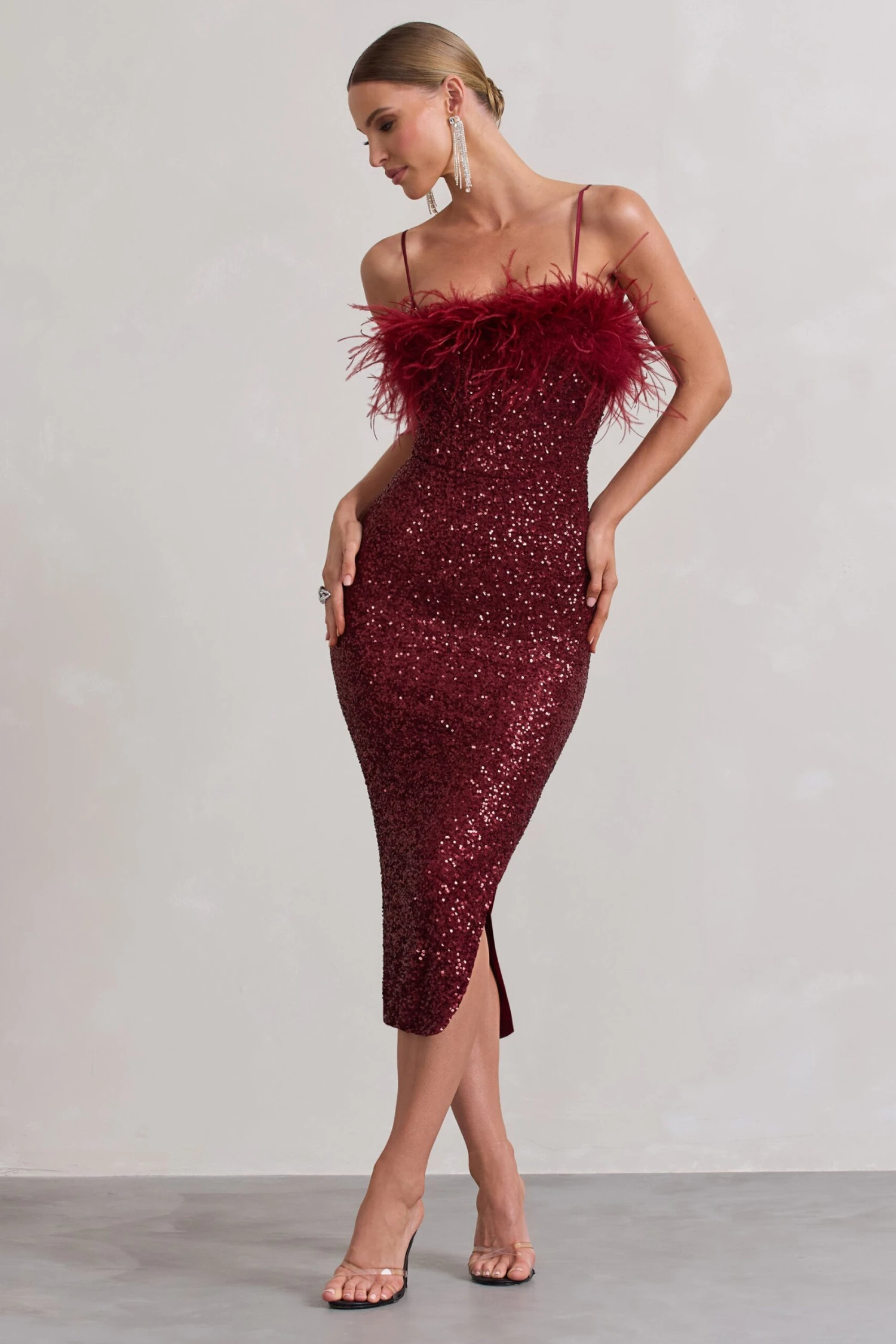 In Your Head | Plum Sequin Strappy Midi Dress With Feathers 6 In Your Head | Plum Sequin Strappy Midi Dress With Feathers - Image 4