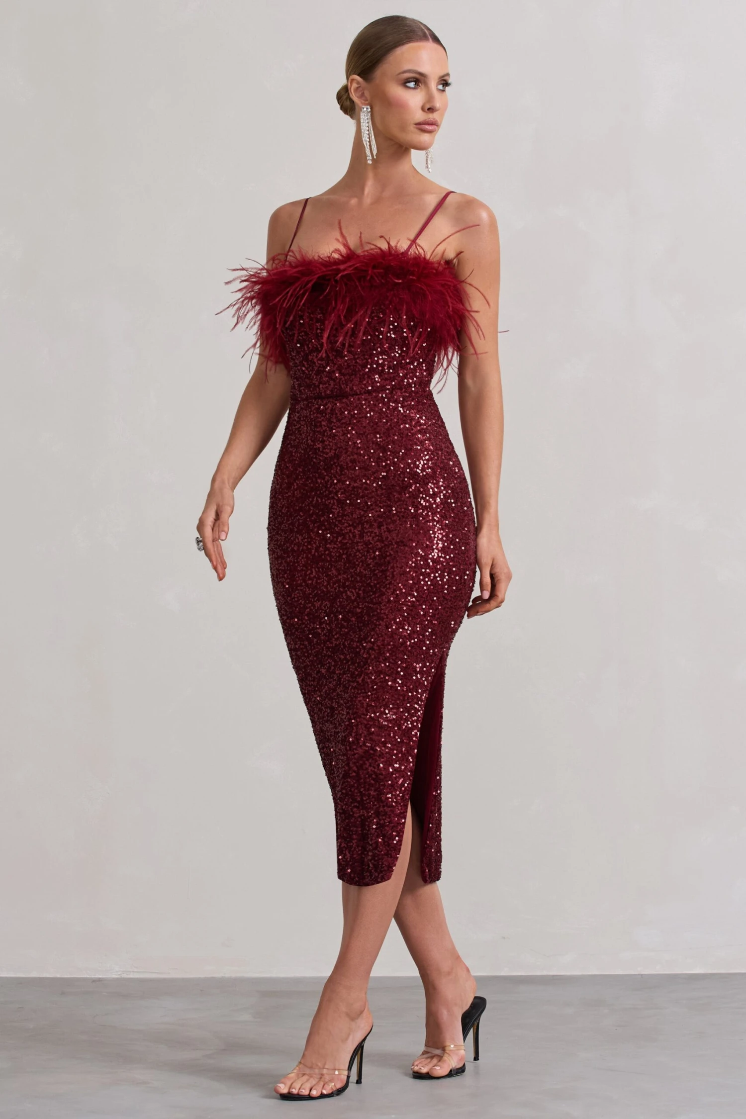 In Your Head | Plum Sequin Strappy Midi Dress With Feathers 7 In Your Head | Plum Sequin Strappy Midi Dress With Feathers - Image 5