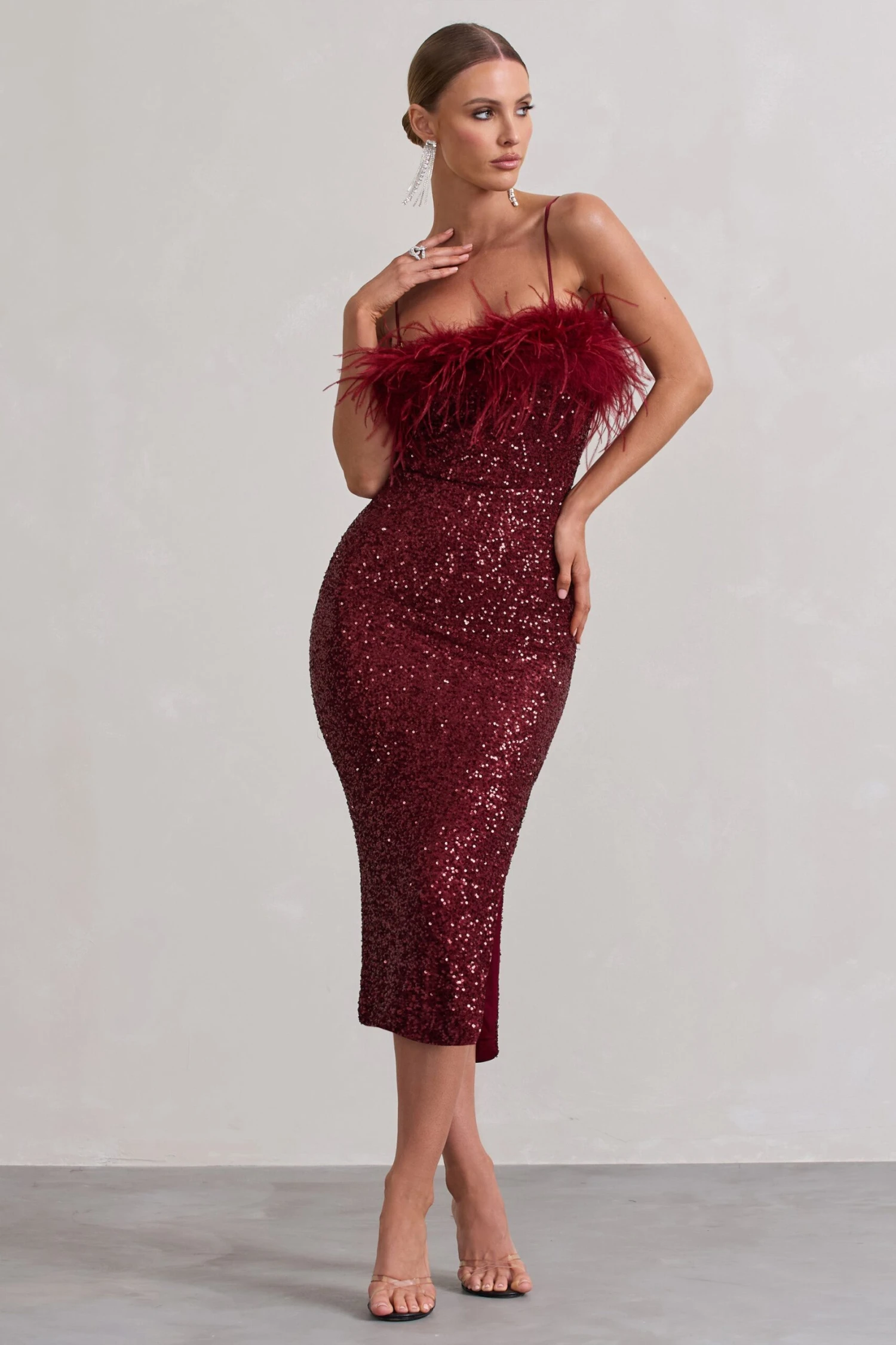 In Your Head | Plum Sequin Strappy Midi Dress With Feathers 3 In Your Head | Plum Sequin Strappy Midi Dress With Feathers