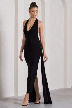 Veronica | Black Plunge Sleeveless Open-Back Maxi Dress With Drape Detail -Sangyong Store WB HR CL130007002 VeronicaBlackPlungeSleevelessOpen BackMaxiDressWithScarfDetail2
