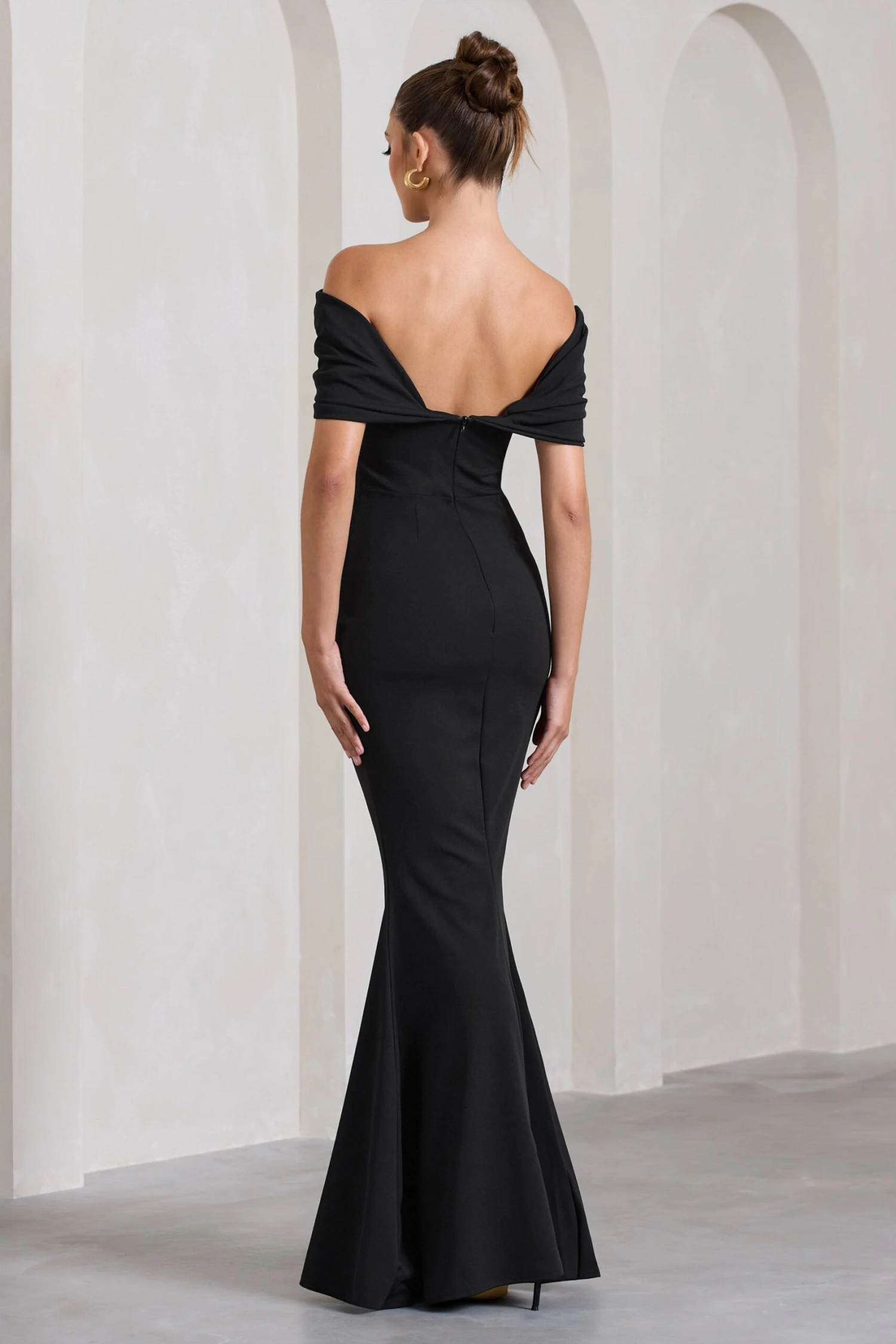 Dana | Black Bardot Maxi Dress With Short Gathered Sleeves 4 Dana | Black Bardot Maxi Dress With Short Gathered Sleeves - Image 2