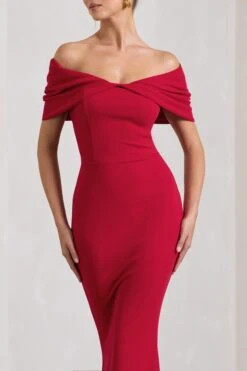 Dana | Red Bardot Maxi Dress With Short Gathered Sleeves -Sangyong Store WB HR CL130015004 DanaRedBardotMaxiDressWithShortGatheredSleeves4