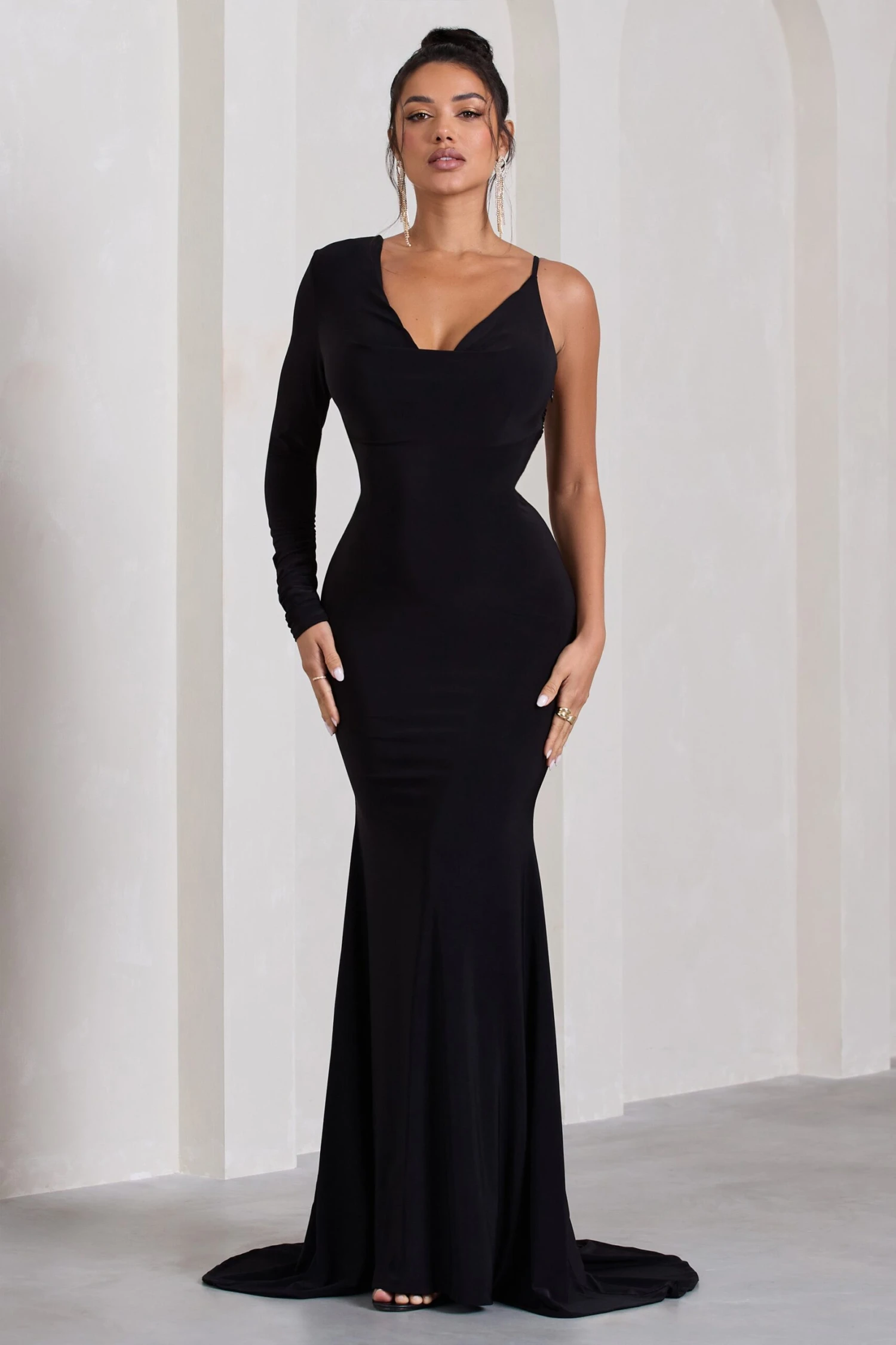 At Dusk | Black One-Sleeved Cowl-Neck Fishtail Maxi Dress 6 At Dusk | Black One-Sleeved Cowl-Neck Fishtail Maxi Dress - Image 4