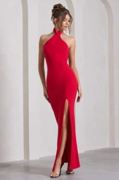 Pamela | Red Halter-Neck Sleeveless Split Maxi Dress -Sangyong Store WB HR CL130021004 PamelaRedHalter NeckSleevelessSplitMaxiDress1