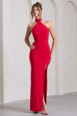 Pamela | Red Halter-Neck Sleeveless Split Maxi Dress -Sangyong Store WB HR CL130021004 PamelaRedHalter NeckSleevelessSplitMaxiDress2