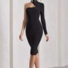 Liz | Black Asymmetric Halter-Neck Open-Back Midi Dress With Sash -Sangyong Store WB HR CL130071002 Liz BlackAsymmetricHalter NeckOpen BackMidiDressWithSashBLACK3