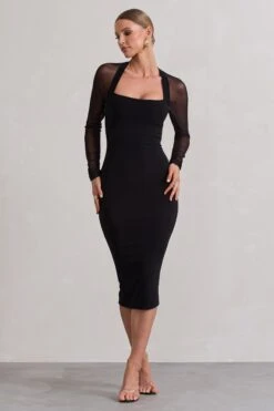 Off Track | Black Bodycon Midi Dress With Sheer Sleeves -Sangyong Store WB HR CL131062002 OffTrackBlackBodyconMidiDressWithSheerSleeves1