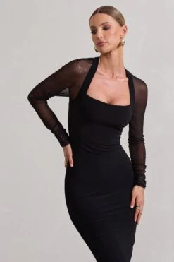 Off Track | Black Bodycon Midi Dress With Sheer Sleeves -Sangyong Store WB HR CL131062002 OffTrackBlackBodyconMidiDressWithSheerSleeves4