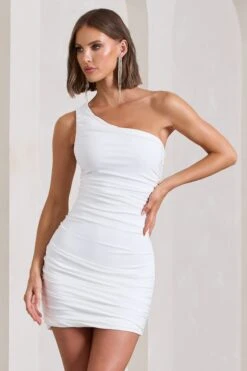 Onyx | White Ruched Asymmetric Mini Dress
