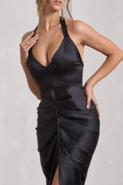 Rebecca | Black Satin Plunge Halter-Neck Open-Back Split Maxi Dress -Sangyong Store WB HR CL133050002 Rebecca BlackSatinPlungeHalter NeckOpen BackSplitMaxiDressBLACK8
