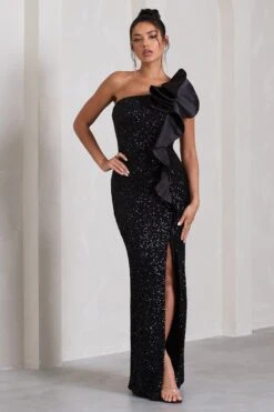 Award | Black Sequin Asymmetric Cut-Out Split Maxi Dress With Ruffle Detail -Sangyong Store WB HR CL133126002 AwardBlackSequinAsymmetricCut OutSplitMaxiDressWithFlowerDetail2