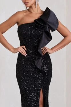 Award | Black Sequin Asymmetric Cut-Out Split Maxi Dress With Ruffle Detail -Sangyong Store WB HR CL133126002 AwardBlackSequinAsymmetricCut OutSplitMaxiDressWithFlowerDetail4