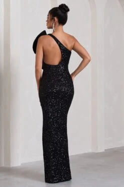 Award | Black Sequin Asymmetric Cut-Out Split Maxi Dress With Ruffle Detail -Sangyong Store WB HR CL133126002 AwardBlackSequinAsymmetricCut OutSplitMaxiDressWithFlowerDetail5