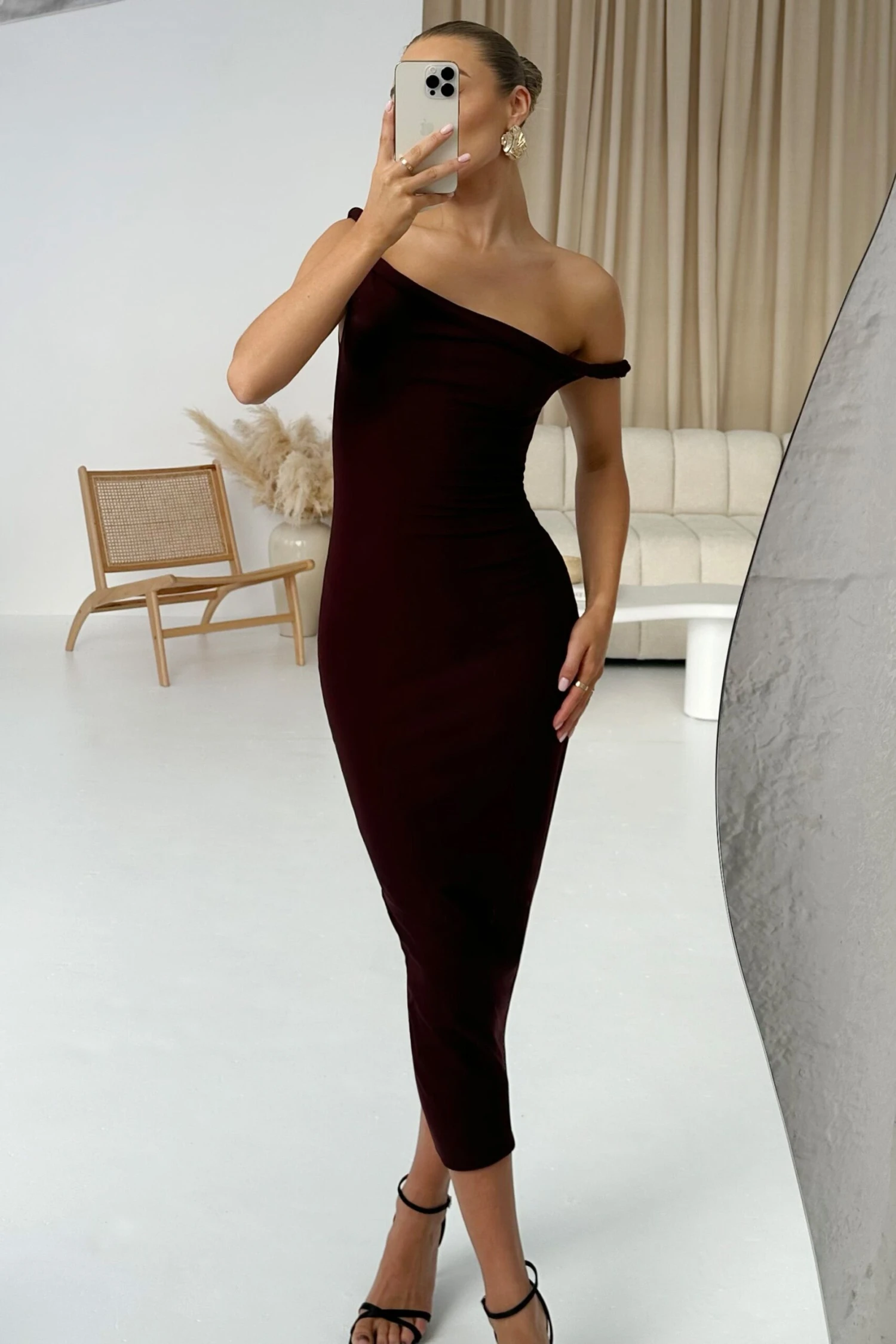 Salome | Chocolate Brown Twisted Asymmetric Midi Dress 10 Salome | Chocolate Brown Twisted Asymmetric Midi Dress - Image 8