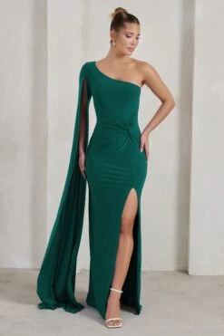 Romi | Bottle Green One Shoulder Twist Design Maxi Dress -Sangyong Store WB WB CL127683 RomiBottleGreenOneShoulderTwistDesignMaxiDress1