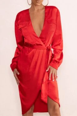 True Romance | Red Satin Plunge Neck Midi Dress With Belt Detail -Sangyong Store WB WB HR CL126535 TrueRomanceRedSatinPlungeNeckMidiDressWithBeltDetail1