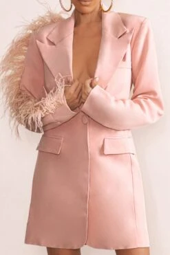 One In A Million | Pink Blazer Mini Dress With Feather Trim -Sangyong Store WB WB HR CL127037 OneInAMillionNudeBlazerDressWithFeatherTrimDownOneArm0