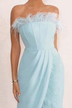 Cosmo | Powder Blue Bandeau Corset Maxi Dress With Feather Trim -Sangyong Store WB WB HR CL127049 PricelessPowderBlueBandeauFeatherCorsetMidiDressWithFeatherTrim0