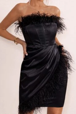 Forever High | Black Bandeau Wrap Front Mini Dress With Feather Trim 9 Forever High | Black Bandeau Wrap Front Mini Dress With Feather Trim -Sangyong Store WB WB HR CL127263 ForeverHighBlackBardotCorsetMiniDressWithFeatherTrim1