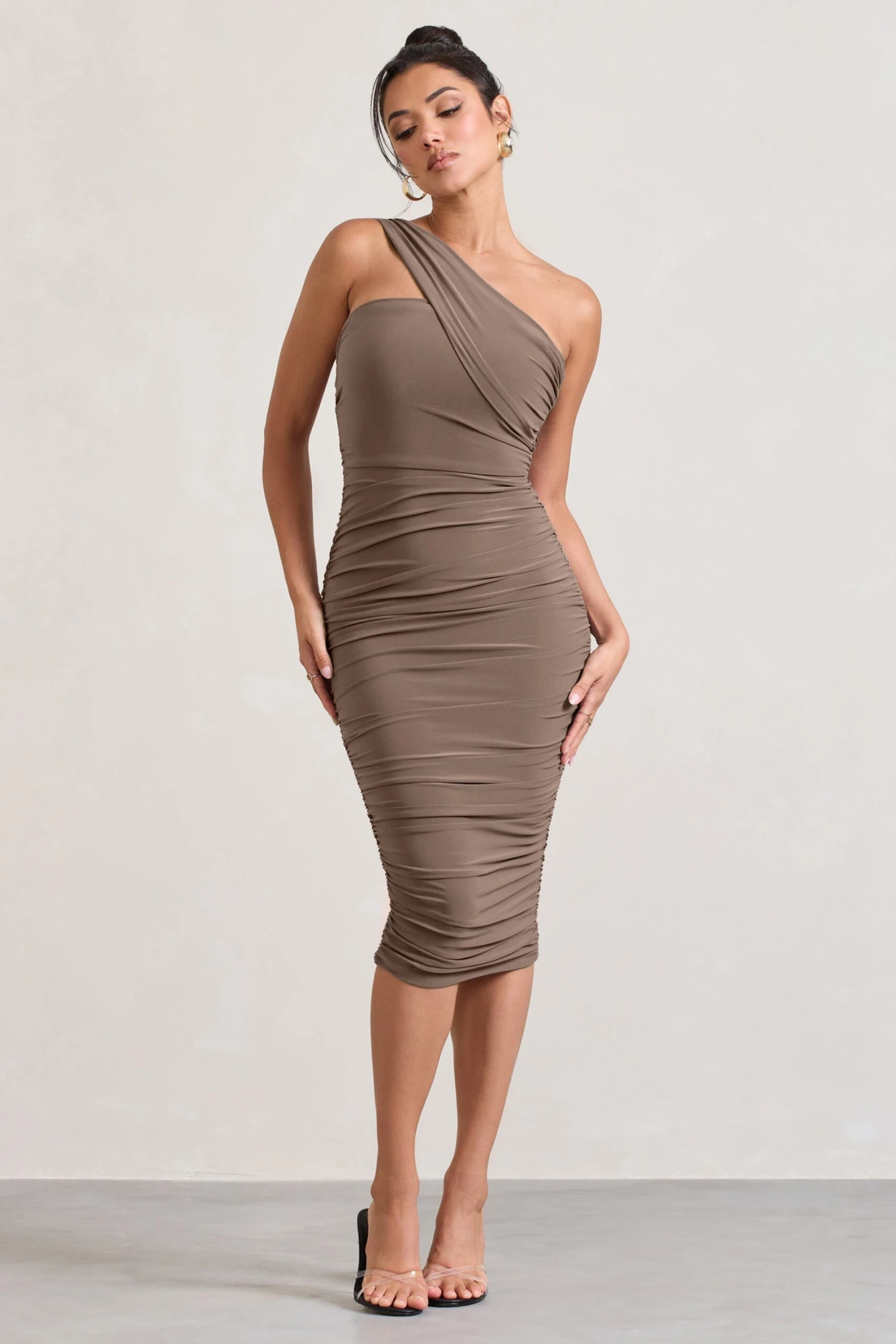 Contour | Mocha One Shoulder Bodycon Midi Dress 6 Contour | Mocha One Shoulder Bodycon Midi Dress - Image 4