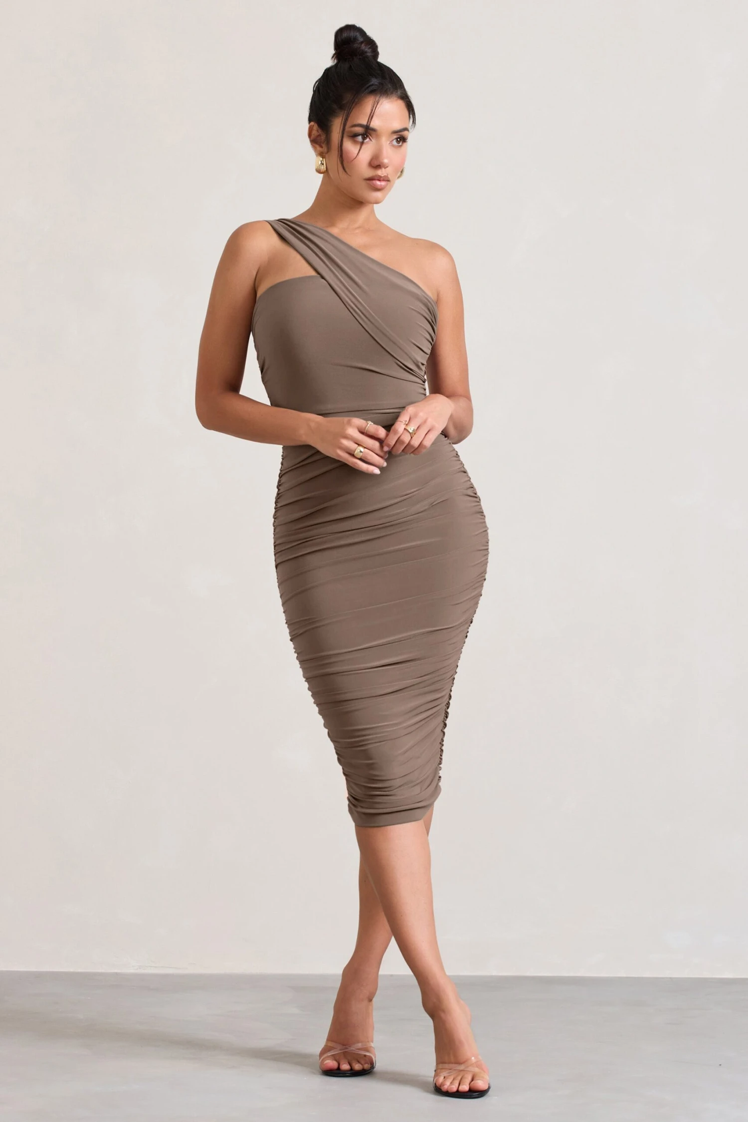 Contour | Mocha One Shoulder Bodycon Midi Dress 3 Contour | Mocha One Shoulder Bodycon Midi Dress