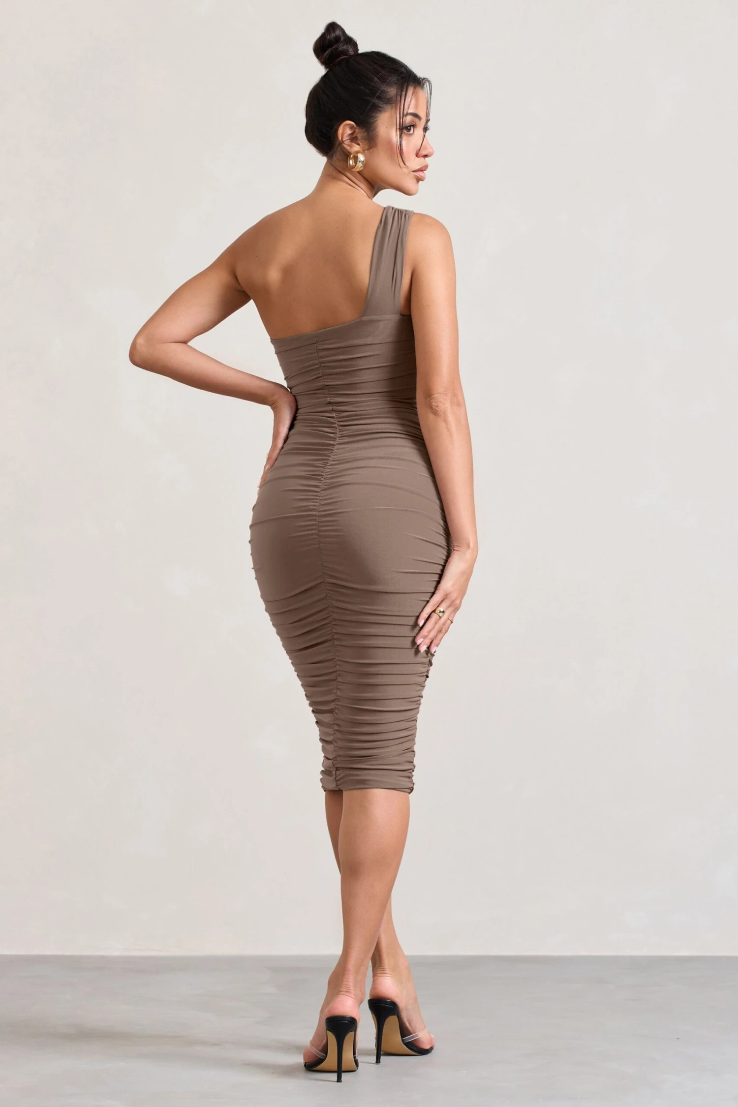 Contour | Mocha One Shoulder Bodycon Midi Dress 4 Contour | Mocha One Shoulder Bodycon Midi Dress - Image 2