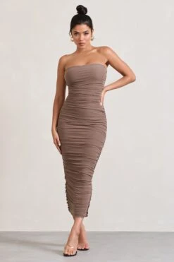My Lady | Mocha Strapless Bodycon Ruched Mesh Maxi Dress -Sangyong Store WB CL127347038 MyLadyMochaStraplessBodyconRuchedMeshMaxiDress2