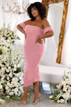 Lost For Words | Nude Bardot Ruched Draped Midi Dress -Sangyong Store lfw2