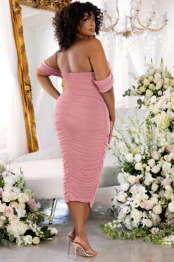 Lost For Words | Nude Bardot Ruched Draped Midi Dress -Sangyong Store lfw3